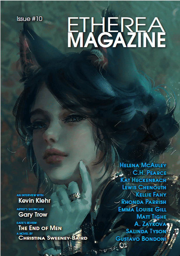 Etherea Magazine Issue 10 cover with authors and features written in foreground; an anime-ish woman with pale skin, black hair, black cat ears, and green hands, in background looking pensive
