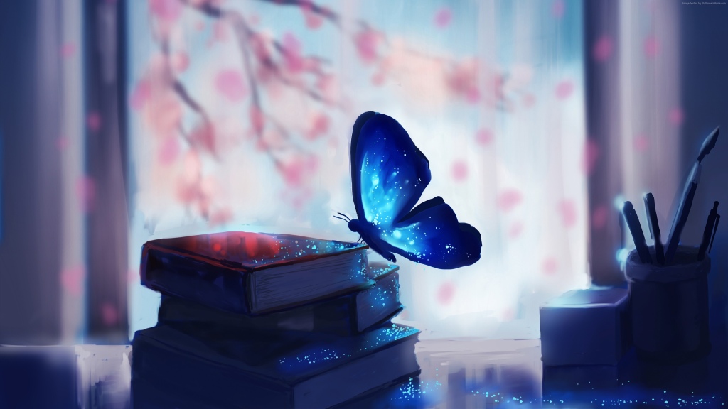 Blue butterfly on a stack of books, both sparkling in shadow